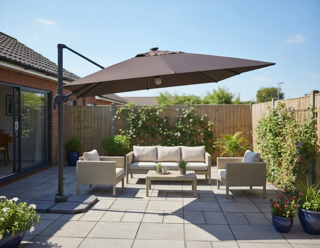 Aluminum cantilever umbrella in garden
