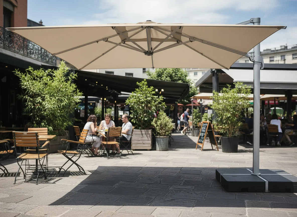 Heavy duty commercial umbrella in a resort outdoor lounge PLACE -yikiaumbrella