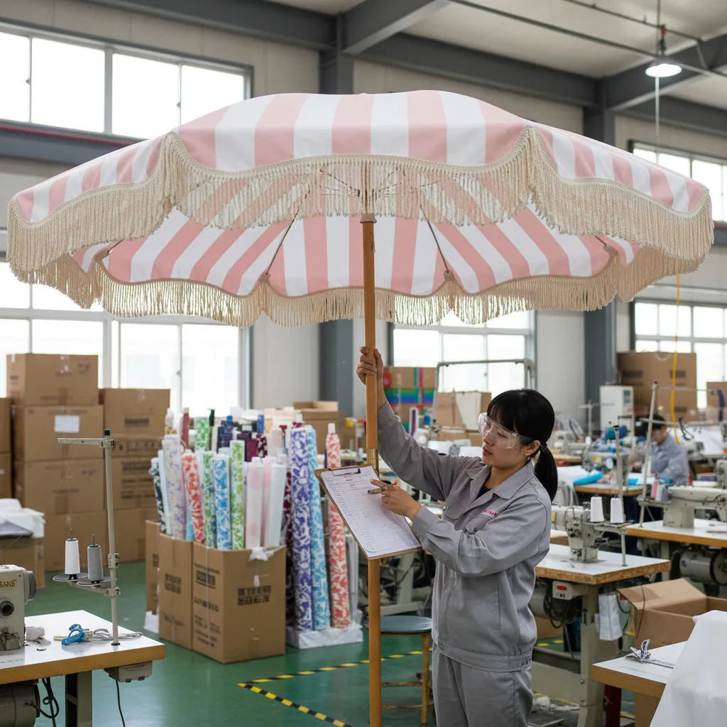 beach umbrella manufacturer staff doing inspection of the umbrella |Yikaiumbrella